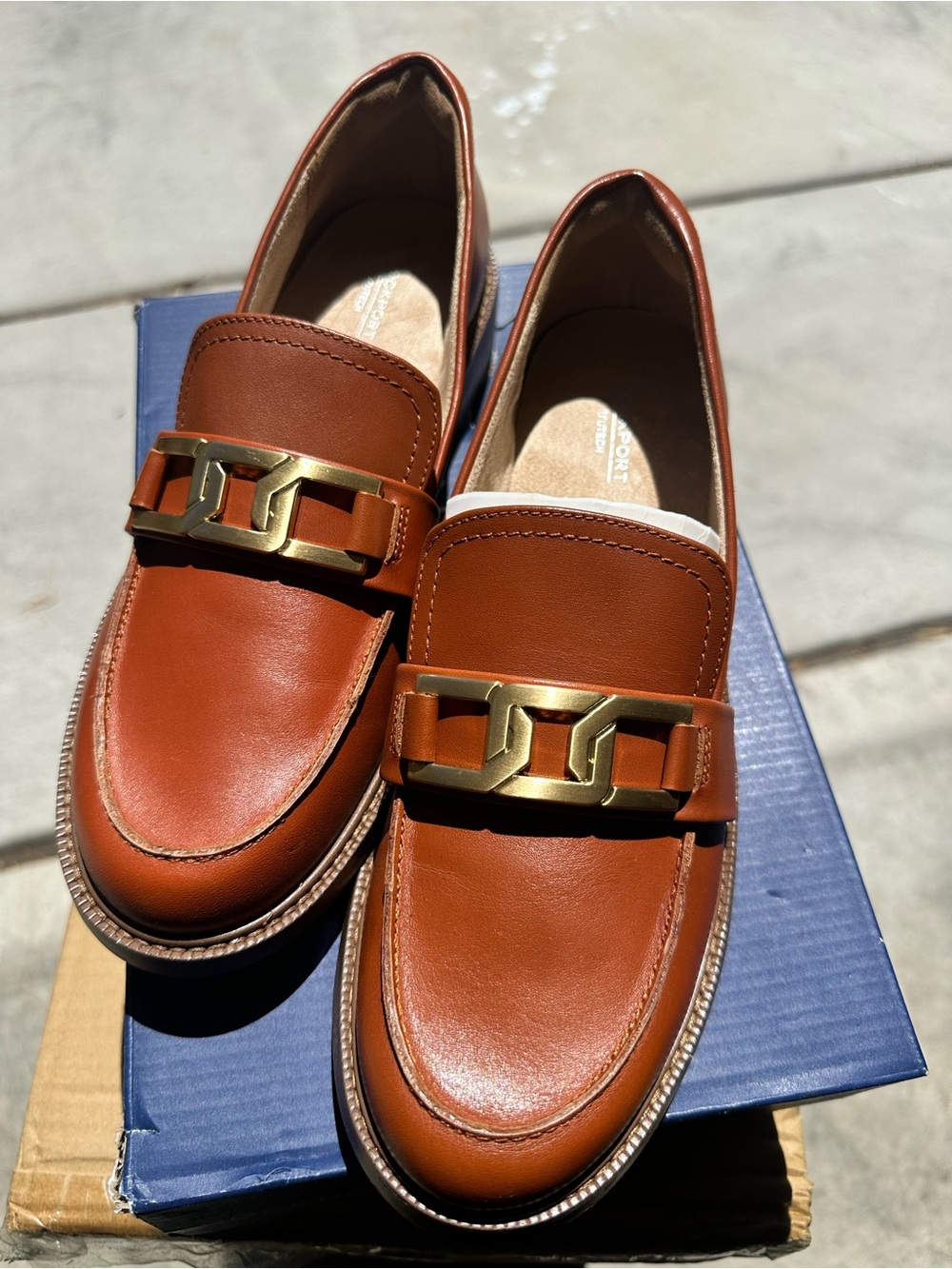 Rockport Men's Cognac Leather Slip-On Loafers with Gold Hardware